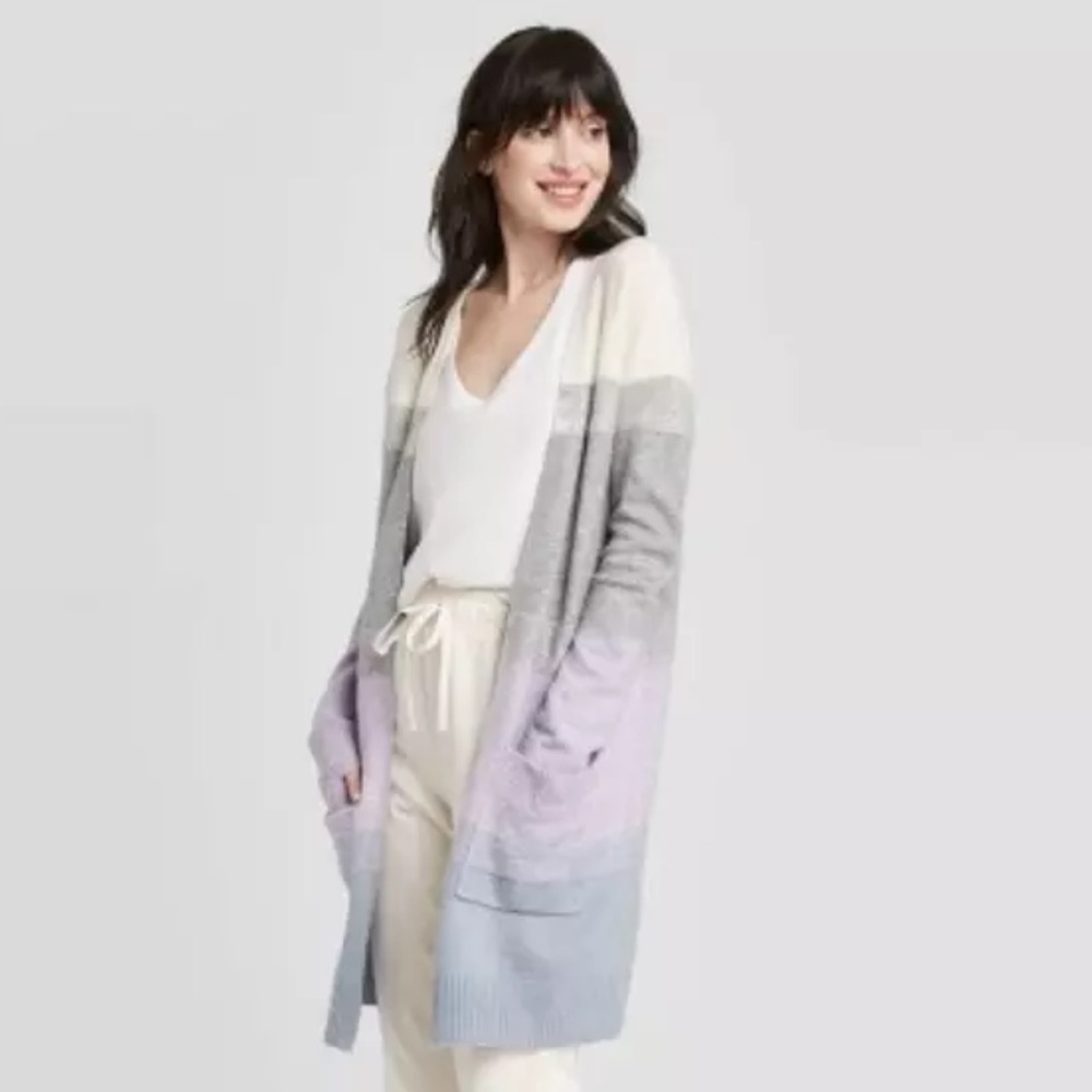A New Day Grey Purple Colorblock Open Cardigan NWT